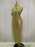 Sexy Sparkly Gold Rhinestones Sleeveless Mesh Two Piece Long Dress Women Birthday Party Celebrate Prom Stage Costume