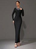 Elegant Women's Light Luxury Hot Diamond Bandage Dress O-neck Long Sleeve Bodycon Black Long Dress Evening Party Vestidos