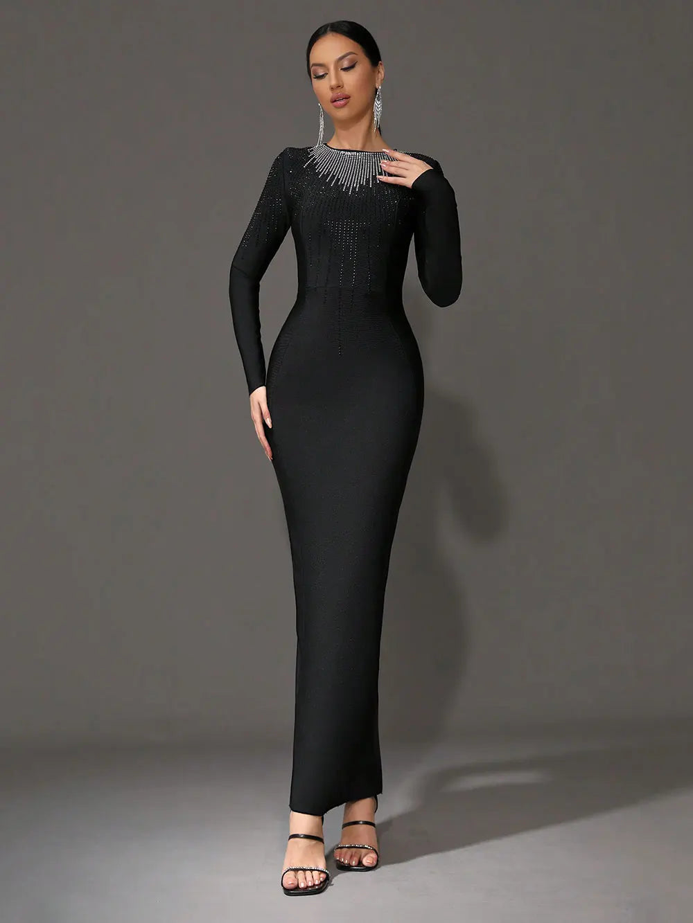 Elegant Women's Light Luxury Hot Diamond Bandage Dress O-neck Long Sleeve Bodycon Black Long Dress Evening Party Vestidos