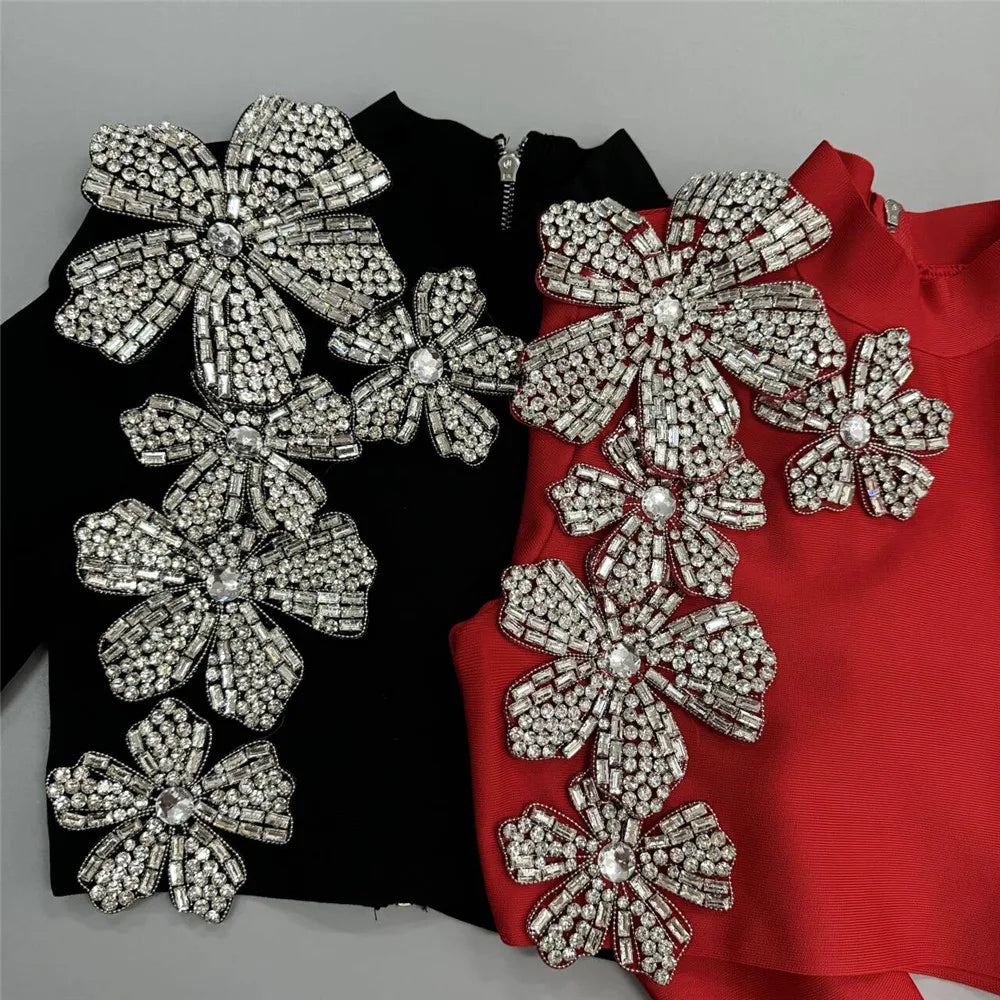 Women's Heavy Industry Nail Bead Flower Short Skirt Set High Collar Long Sleeve Tight Ultra Short Top+Mini Skirt Two Piece Set