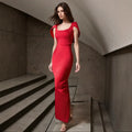 Red Color Women Sexy Square Collar Short Sleeve Bodycon Long Bandage Dress Evening Party Celebrate Wedding Outfit