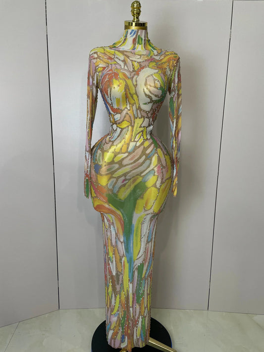 Sparkle Rhinestone High Neck Colorful Printed Long Dress Women Sexy Evening Birthday Celebrate Stage Performance Costume MULTI