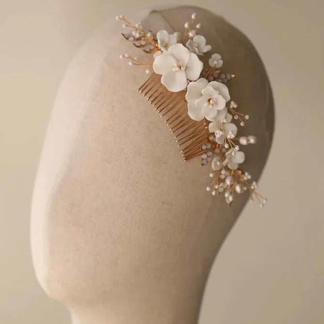 Wedding Accessories Porcelain Flower Hairpin Gold Color Head Piece Pearl Hair Combs Clip For Brides Birthday Gift Bridal Jewelry a