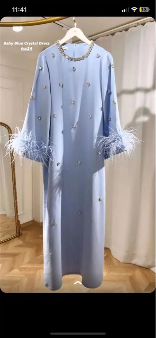 Luxury Light Blue Prom Dresses Shiny Sequin O-Neck Saudi Arabia Elegant Long Sleeves with Feathers Vestidos De Fiesta