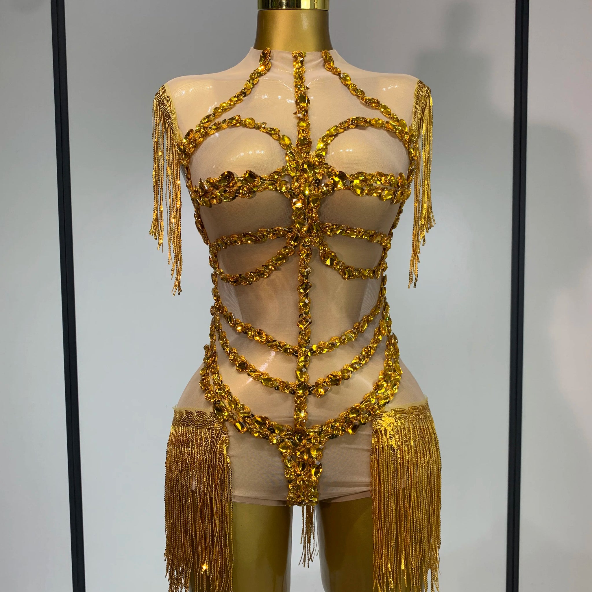 High Quality Luxury Rhinestone Sexy Mesh See Through Bodysuit Women Celebrate Birthday Party Club Singer Dancer Stage Outfit gold