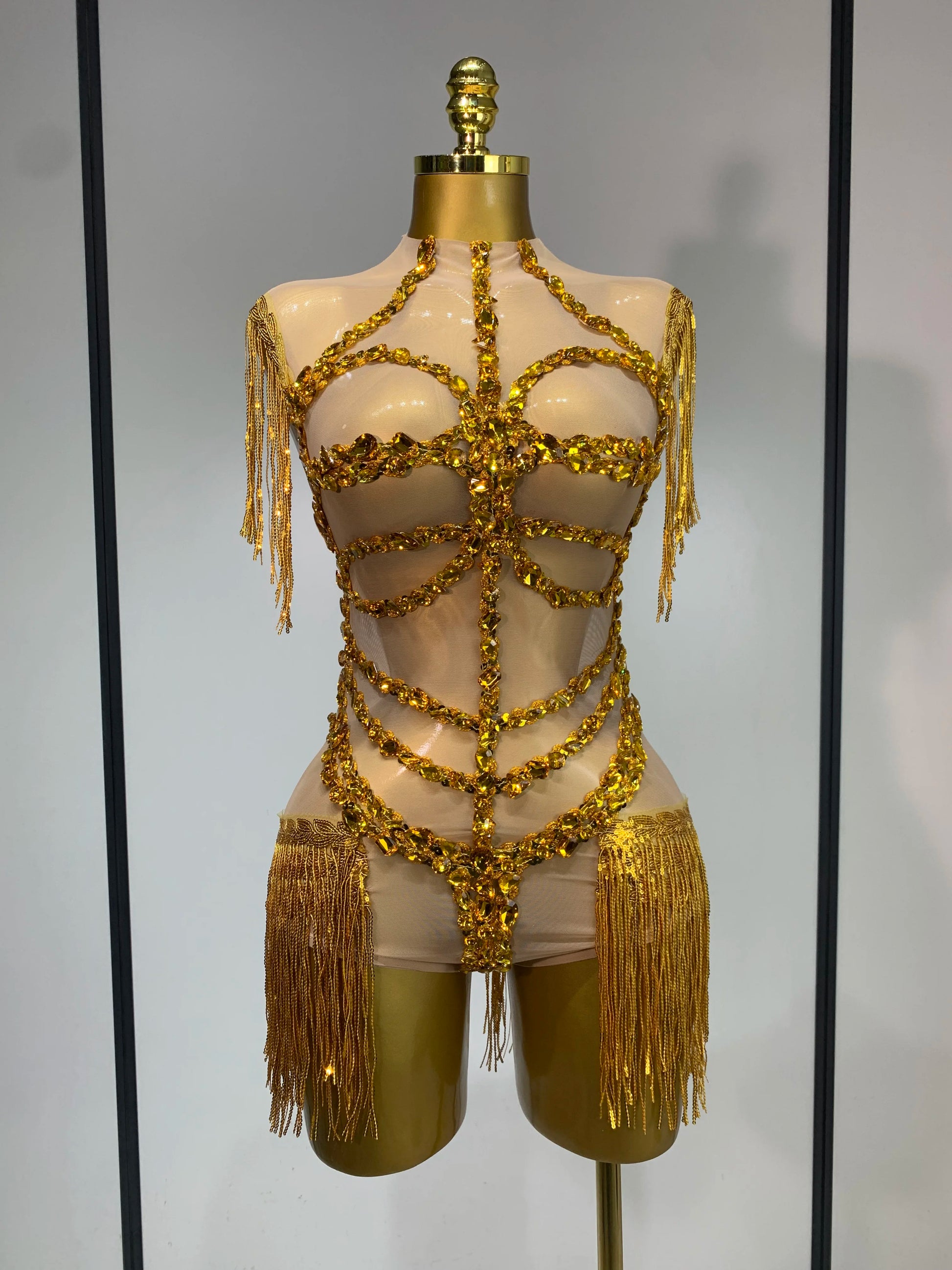 High Quality Luxury Rhinestone Sexy Mesh See Through Bodysuit Women Celebrate Birthday Party Club Singer Dancer Stage Outfit gold