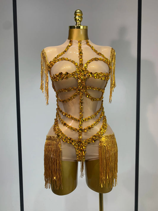 High Quality Luxury Rhinestone Sexy Mesh See Through Bodysuit Women Celebrate Birthday Party Club Singer Dancer Stage Outfit gold