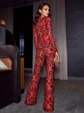Women'S Light Luxury Sequin Patchwork Bandage Jumpsuit O-Neck Long Sleeved Waistband Flared Jumpsuit Pants Party Jumpsuit