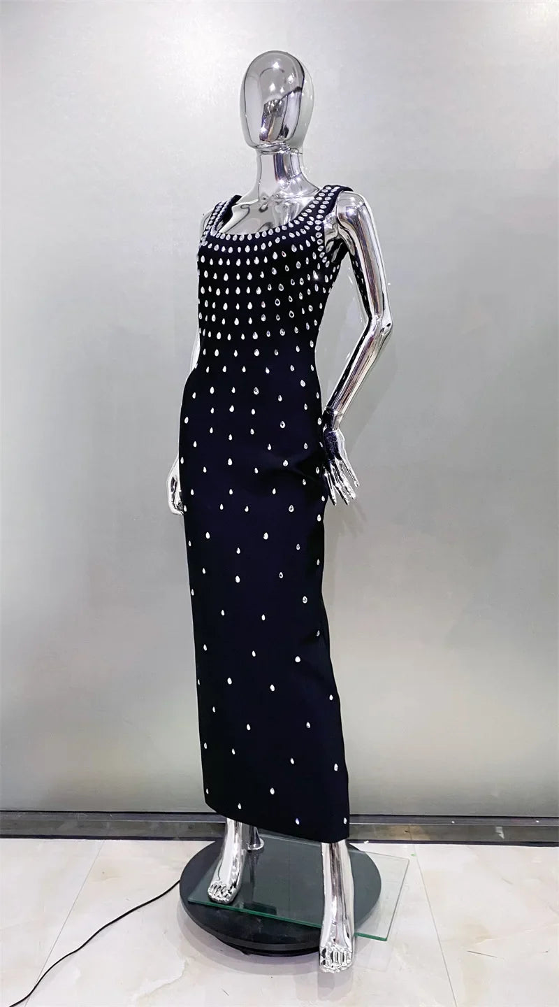 Women Sleeveless Sexy O-Neck Shinning Crystal Bodycon Bandage Long Dress Evening Party Celebrate Cocktail Outfit