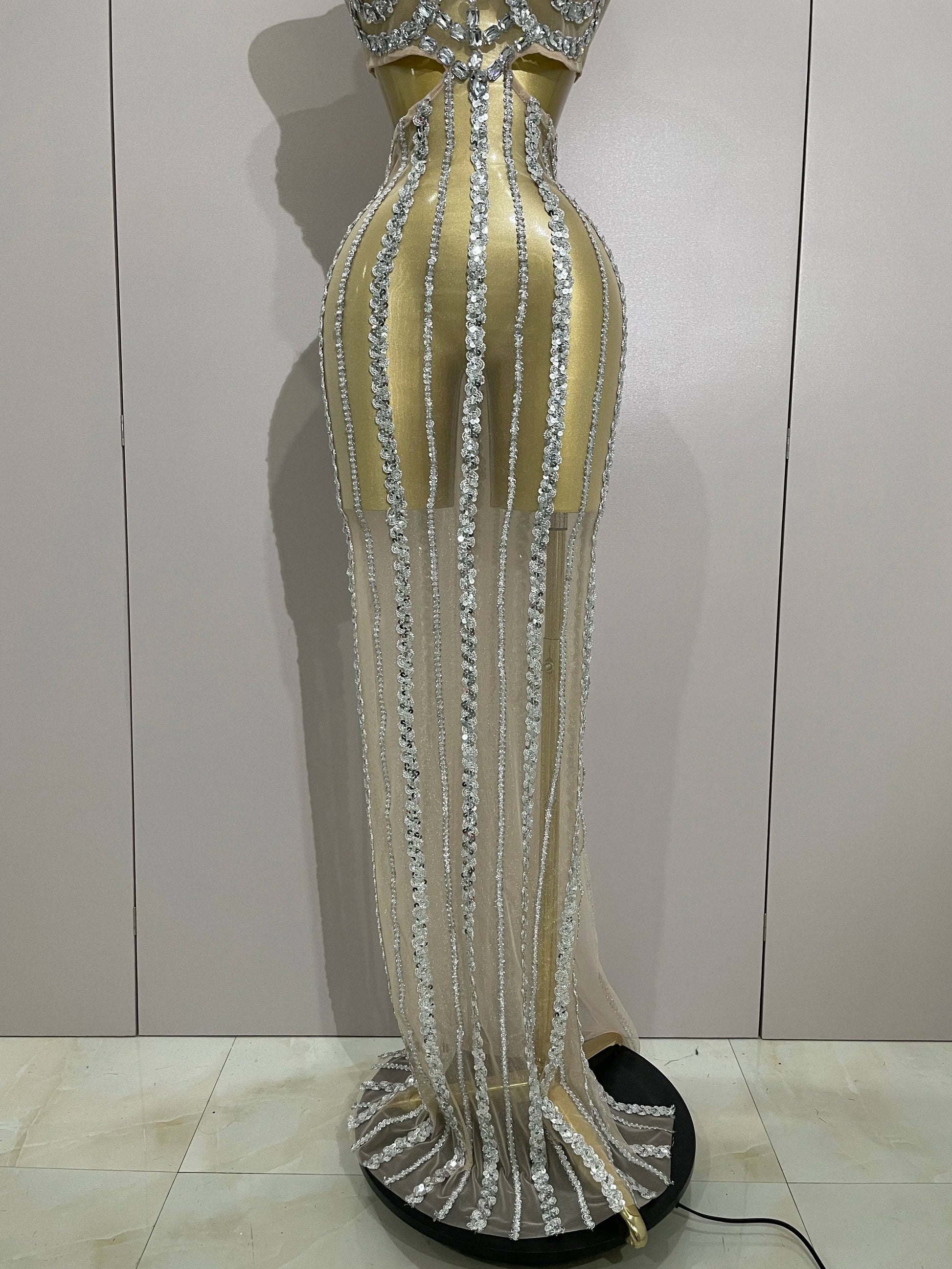 Luxury Sparkly Diamonds Sequins Sexy Mesh See Through Long Dress Women Celebrate Birthday party Dresses Festival Costume