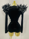 Shiny Black Rhinestone Velvet Long Sleeve Bodysuit Women Evening Party Club Gala Hosts NightClub Bar Stage Costumes