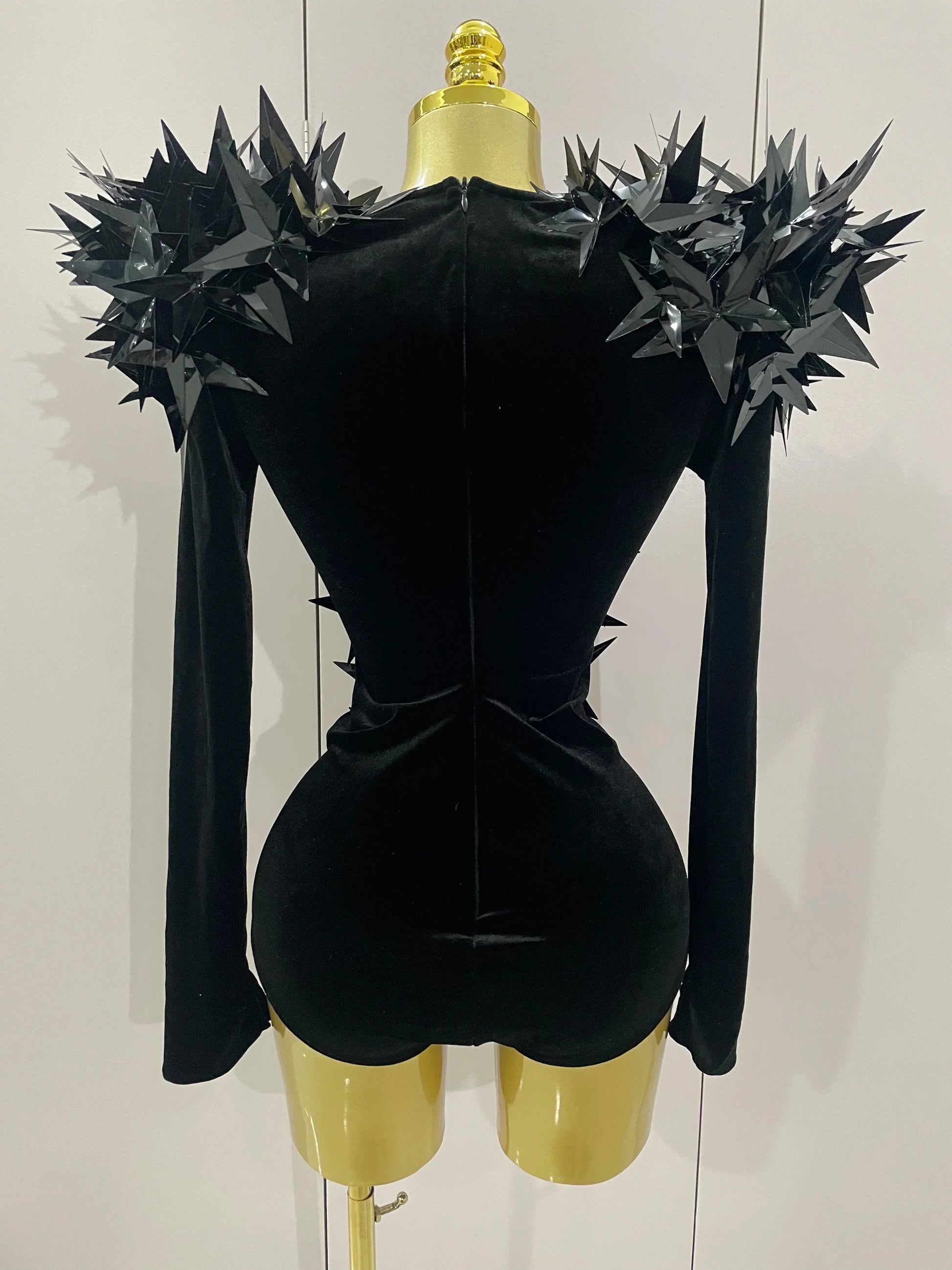Shiny Black Rhinestone Velvet Long Sleeve Bodysuit Women Evening Party Club Gala Hosts NightClub Bar Stage Costumes