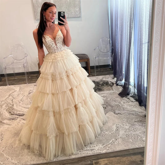 Amanda Luxury Beige Prom Dresses Spaghetti Strap Evening Dress Elegant Sleeveless Lace-up Tulle Party vestidos de fiesta 2024