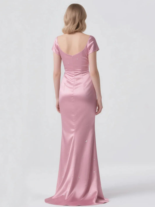 Elegant Modern Mermaid V Neck Satin Mother of the Bride Dress Short Sleeves Sequin Sweep Train Formal Evening Gown 2025 Free Cus