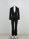 Sexy Autumn Women's Sequin Perspective Suit Pants Set with Polo Collar Long Sleeve Slim Fit Suit Coat+Flare Pants Two Piece Set