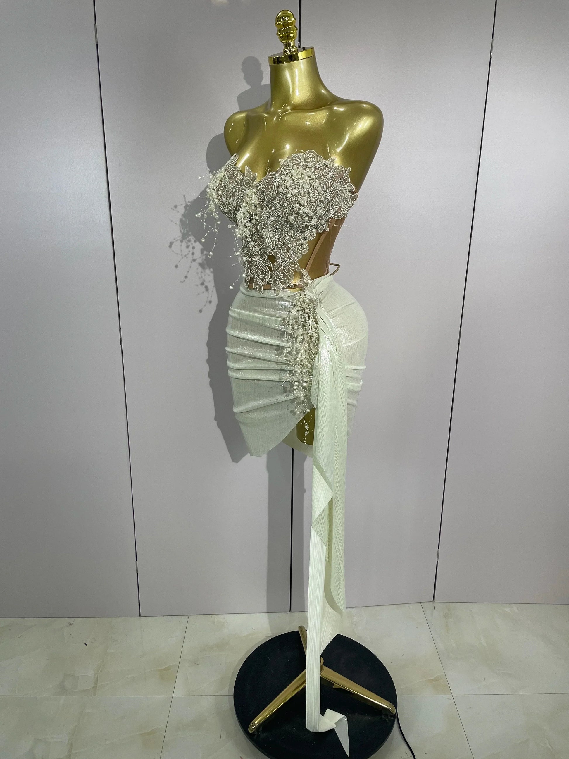 Luxury Shining Pearls Sexy Asymmetrical Skirt 2 PCS Set Women Evening Birthday Party Stage Dancer Performance Costume