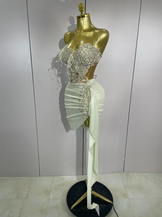 Luxury Shining Pearls Sexy Asymmetrical Skirt 2 PCS Set Women Evening Birthday Party Stage Dancer Performance Costume