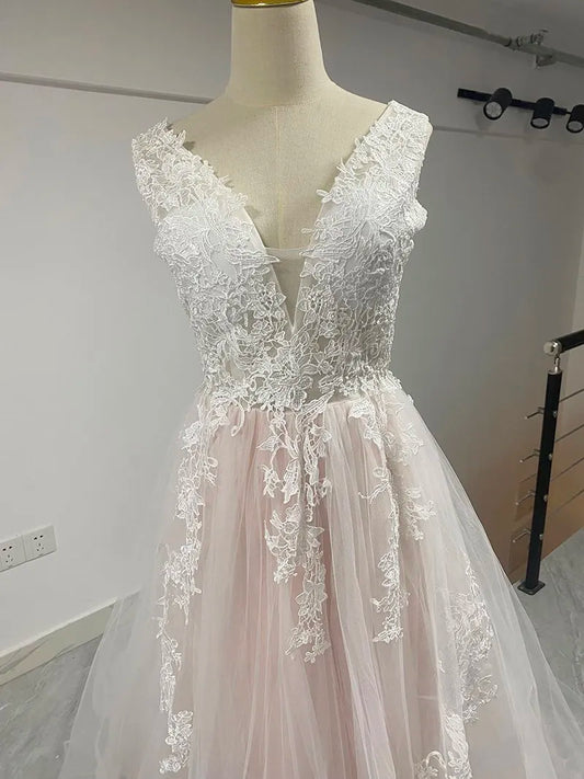 Deep V-neck Wedding Dresses Court Train Lace Boho Wedding Gown A-line Vestido De Noiva Zipper Robe De Mariee