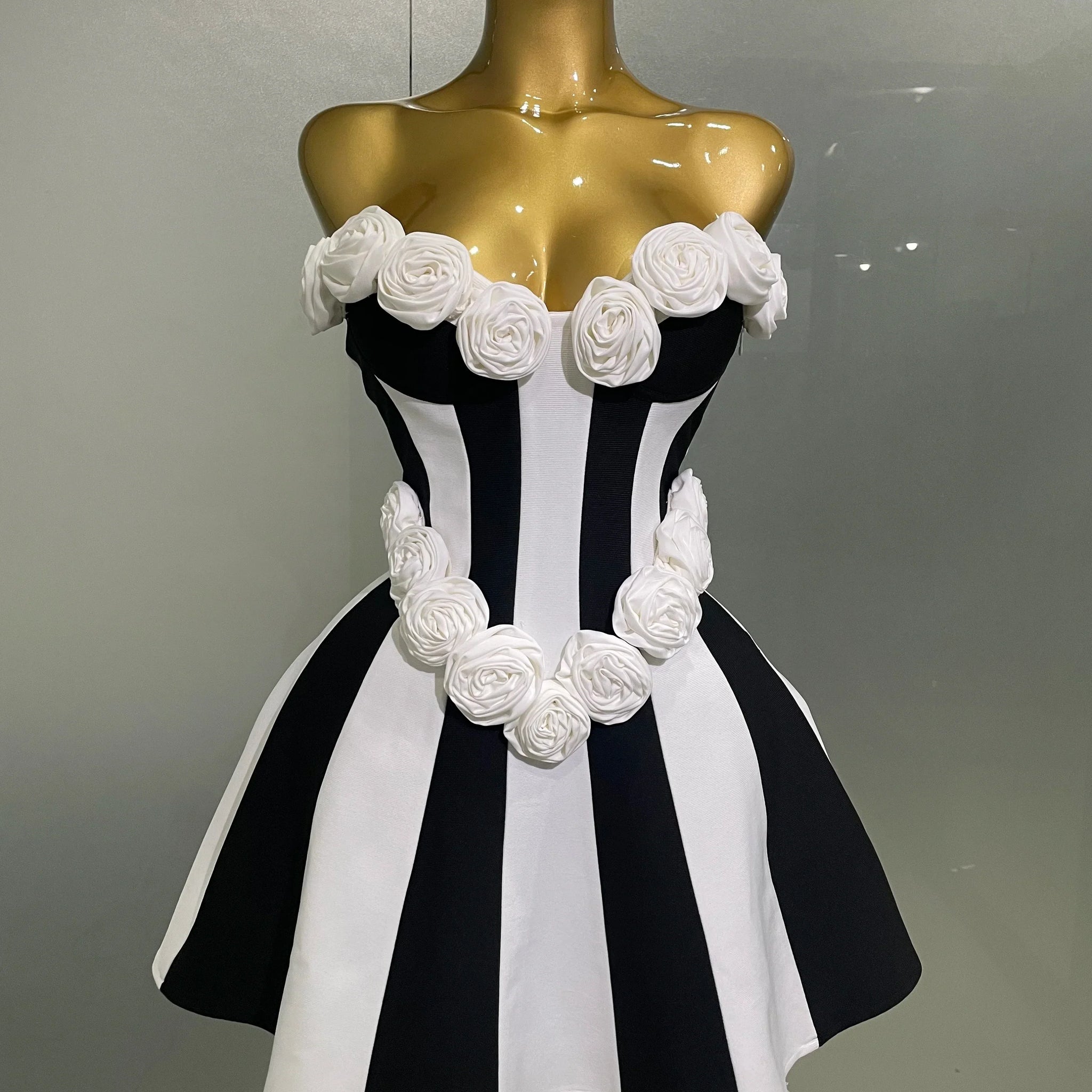 Women Flower Decoration Strapless Black White Stripe Bandage Short Dress Cocktail Party Elegant Evening Club Party Dress black