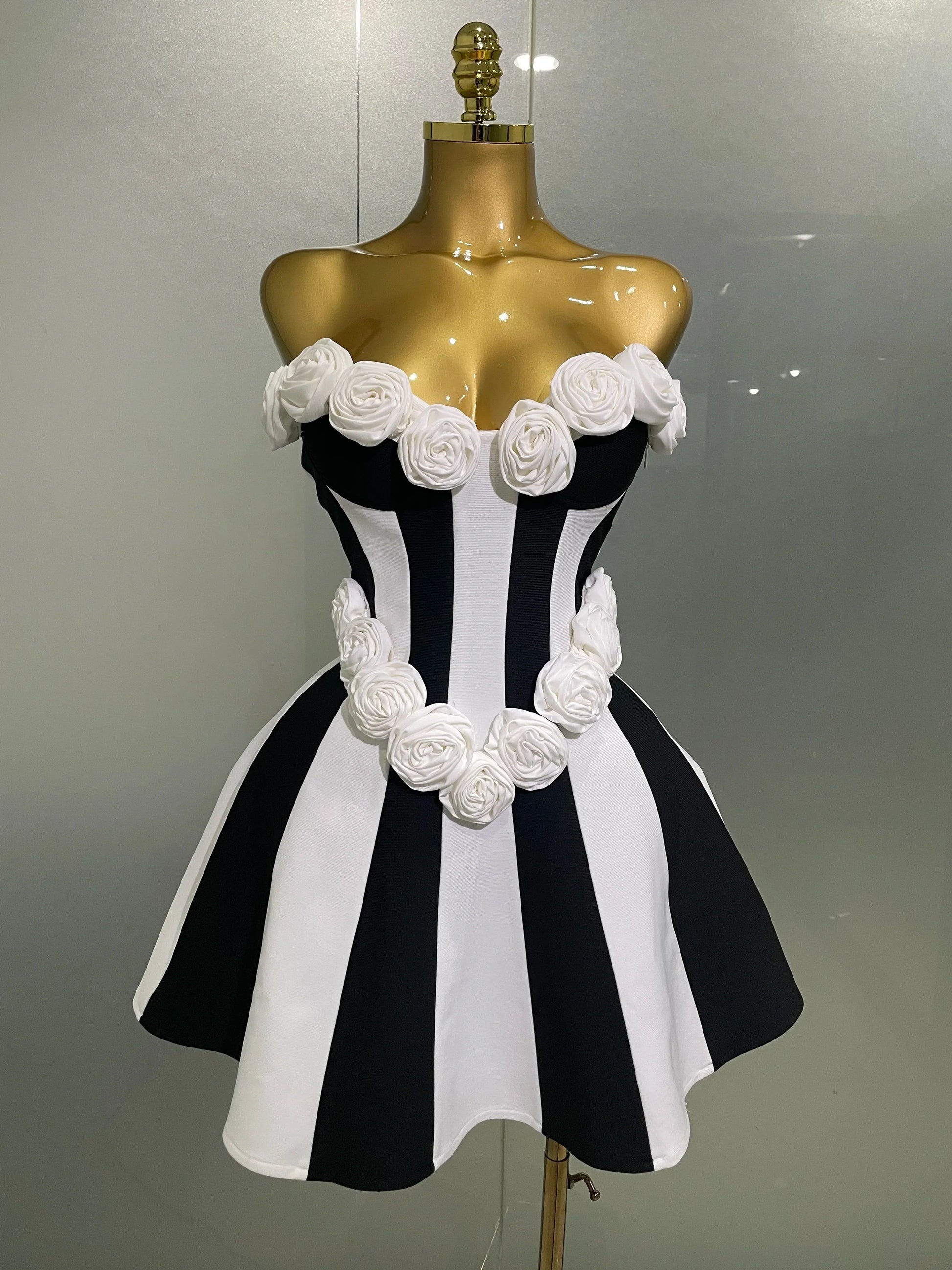 Women Flower Decoration Strapless Black White Stripe Bandage Short Dress Cocktail Party Elegant Evening Club Party Dress black