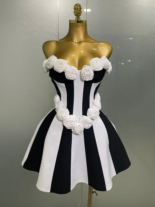 Women Flower Decoration Strapless Black White Stripe Bandage Short Dress Cocktail Party Elegant Evening Club Party Dress black