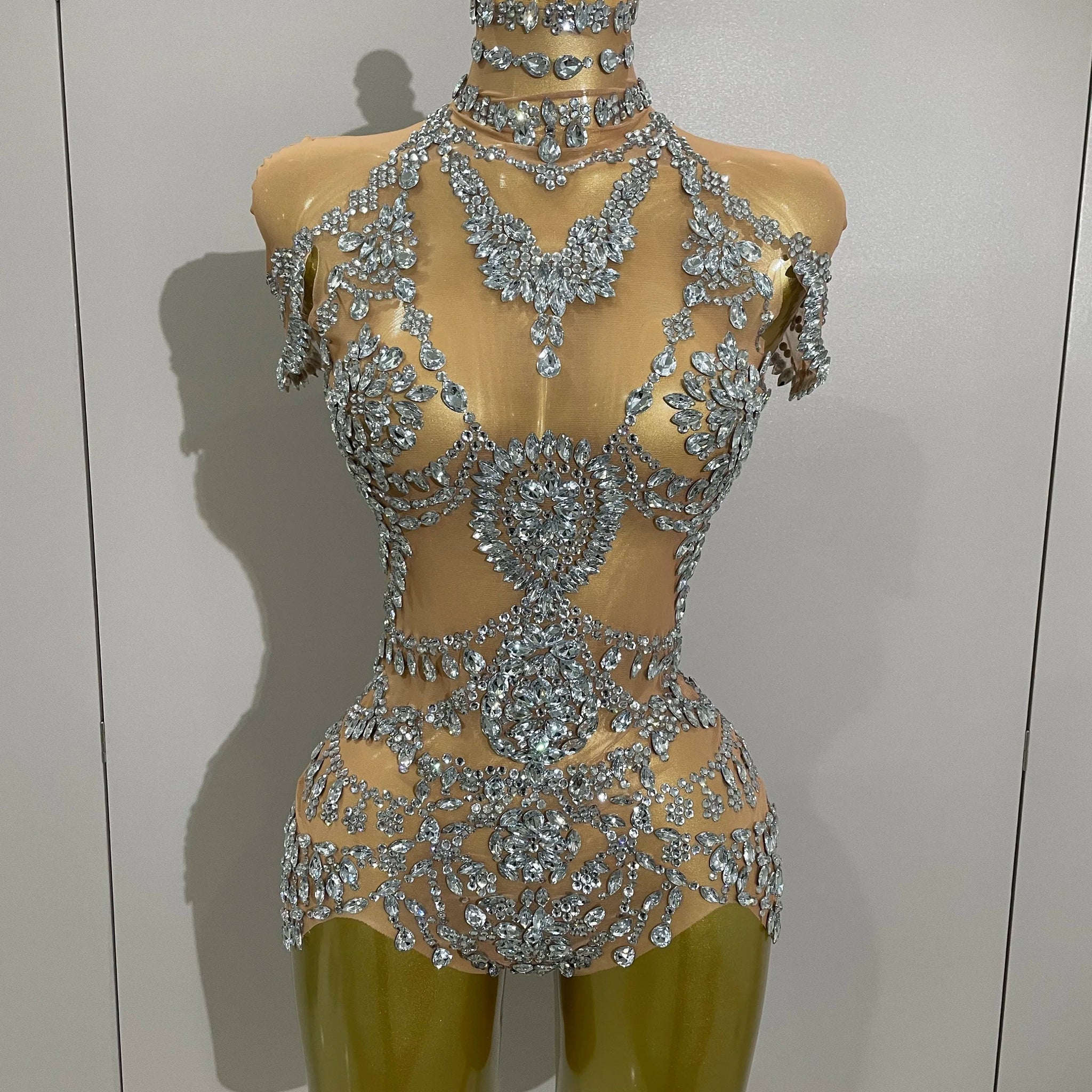 Stage Costume Luxury Rhinestones Sexy See-Through Sheath Bodysuit Evening Party Bar Nightclub Singer Dancer Performance Wear Silver