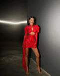 2024 Fashion Red White Women Gloves Sexy Bodycon Mini Draped Dress Nightclub Party Bar Singer Birthday Celebrate Dress