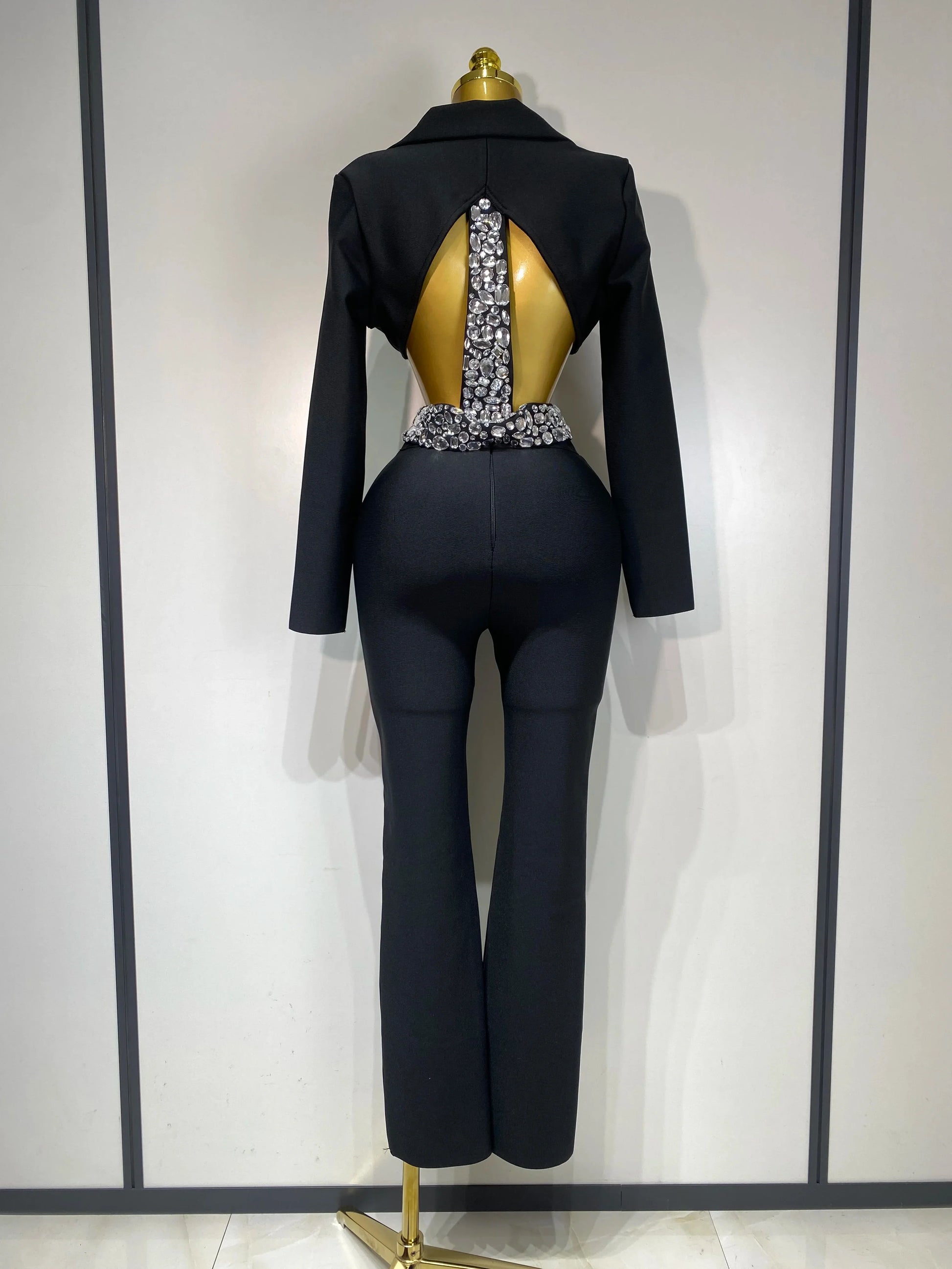 Women Sexy Cut Out Long Sleeve Beading Bodycon Two Pieces Pants Bandage Set Celebrity Designer Fashion Women Luxury Birthday Set