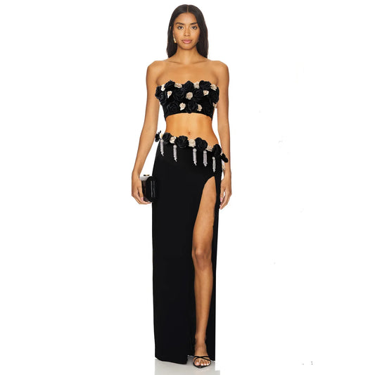 New Arrival Women Sexy Strapless Florals 2 Pieces Bodycon Long Dress Nightclub Party Fashion Girls' Vacation Outfit Vestido black