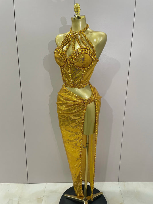 Sexy Luxury Shiny Diamond Sequins Cocktail Dress 2Pcs Set Women Evening Celebrate Birthday Party Nightclub Stage costume