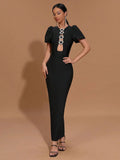 Sexy Women Three-Dimensional Heart-Shaped Design Hollow Bandage Dress O-Neck Short Sleeved Bodycon Black Long Dress Vestido