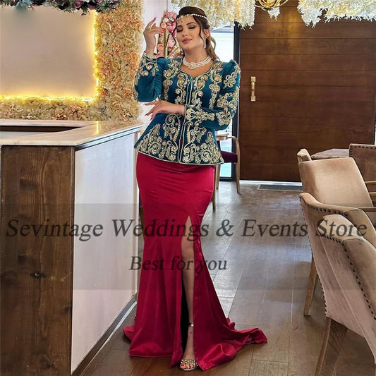 Arabic Mermaid Velvet Evening Dress Square Collar Lace Applique Prom Gown Side Slit Floor Length Algerian Outfit