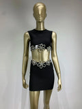 Women Summer Celebrity Sexy Crytal Black Mini Bandage Skirt Suit Knitted Elegant Evening Club Party Two Pieces Set