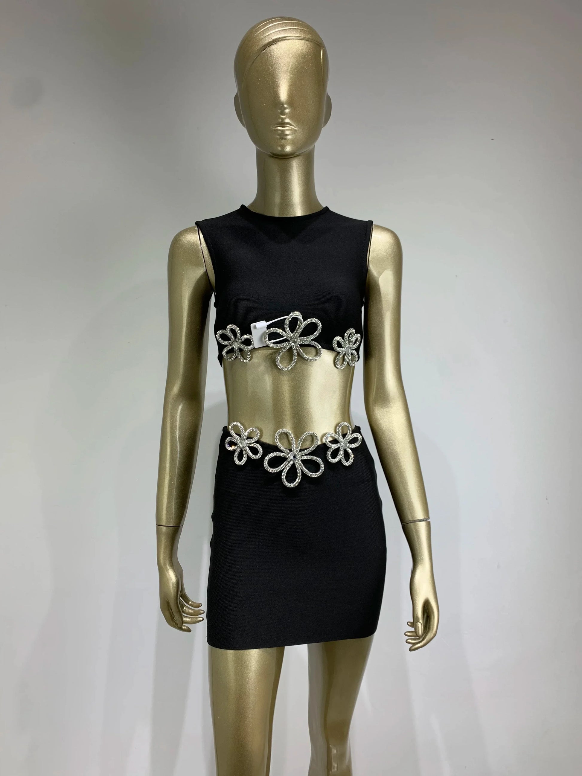 Women Summer Celebrity Sexy Crytal Black Mini Bandage Skirt Suit Knitted Elegant Evening Club Party Two Pieces Set