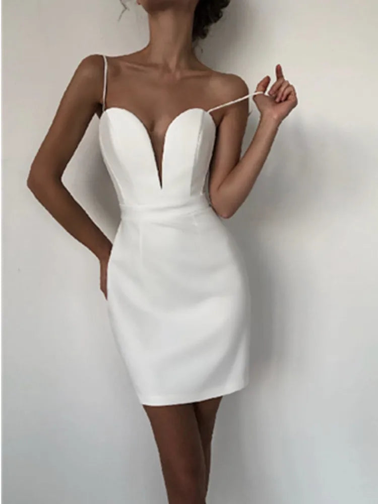 Black White Color Women Sexy Strap V-Neck Bodycon Mini Dress Sleeveless Bandage Nightclub Celebrate Party Dress WHITE