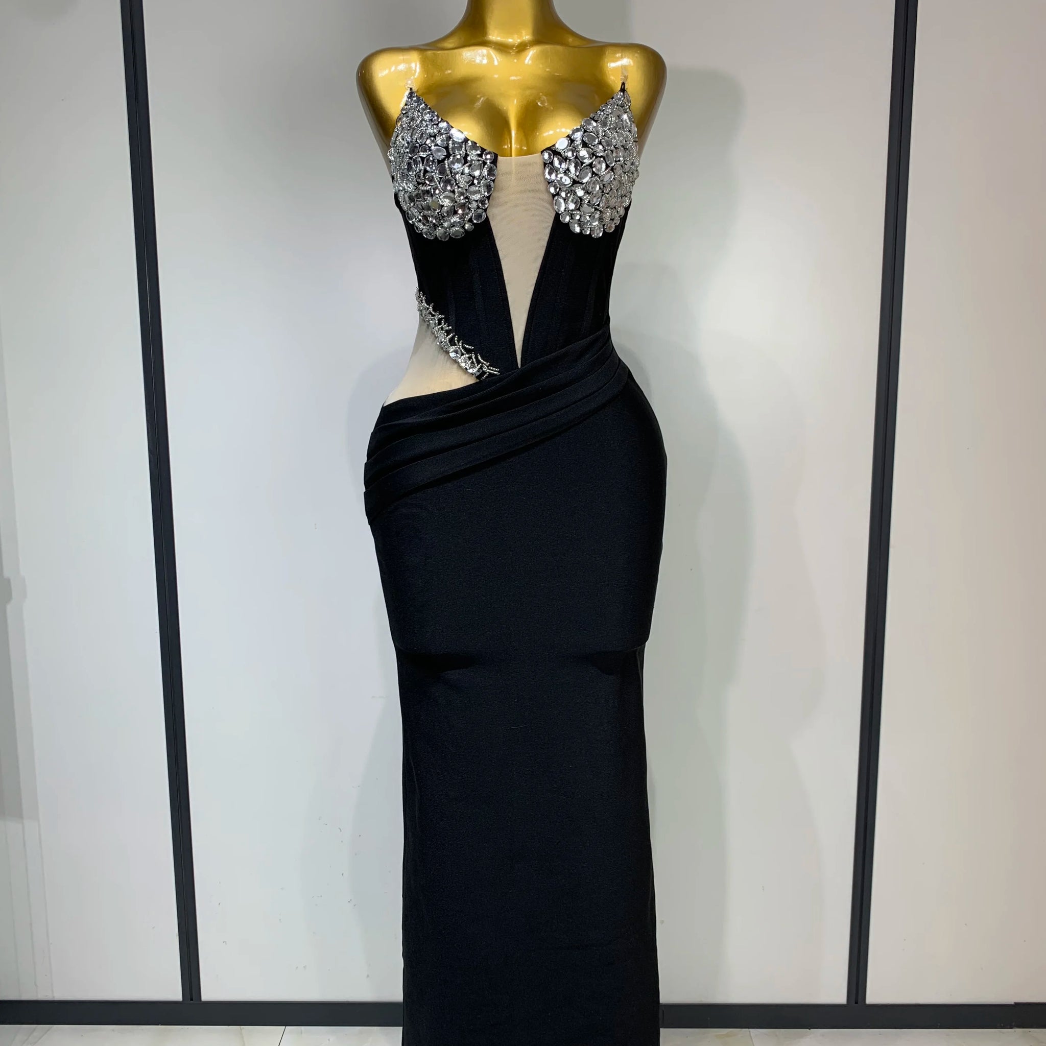 Women Sexy Evening Party Dress Crystal Beading High Quality Black Nightclub Prom Gown Formal Luxury Birthday Bandage Dresses black