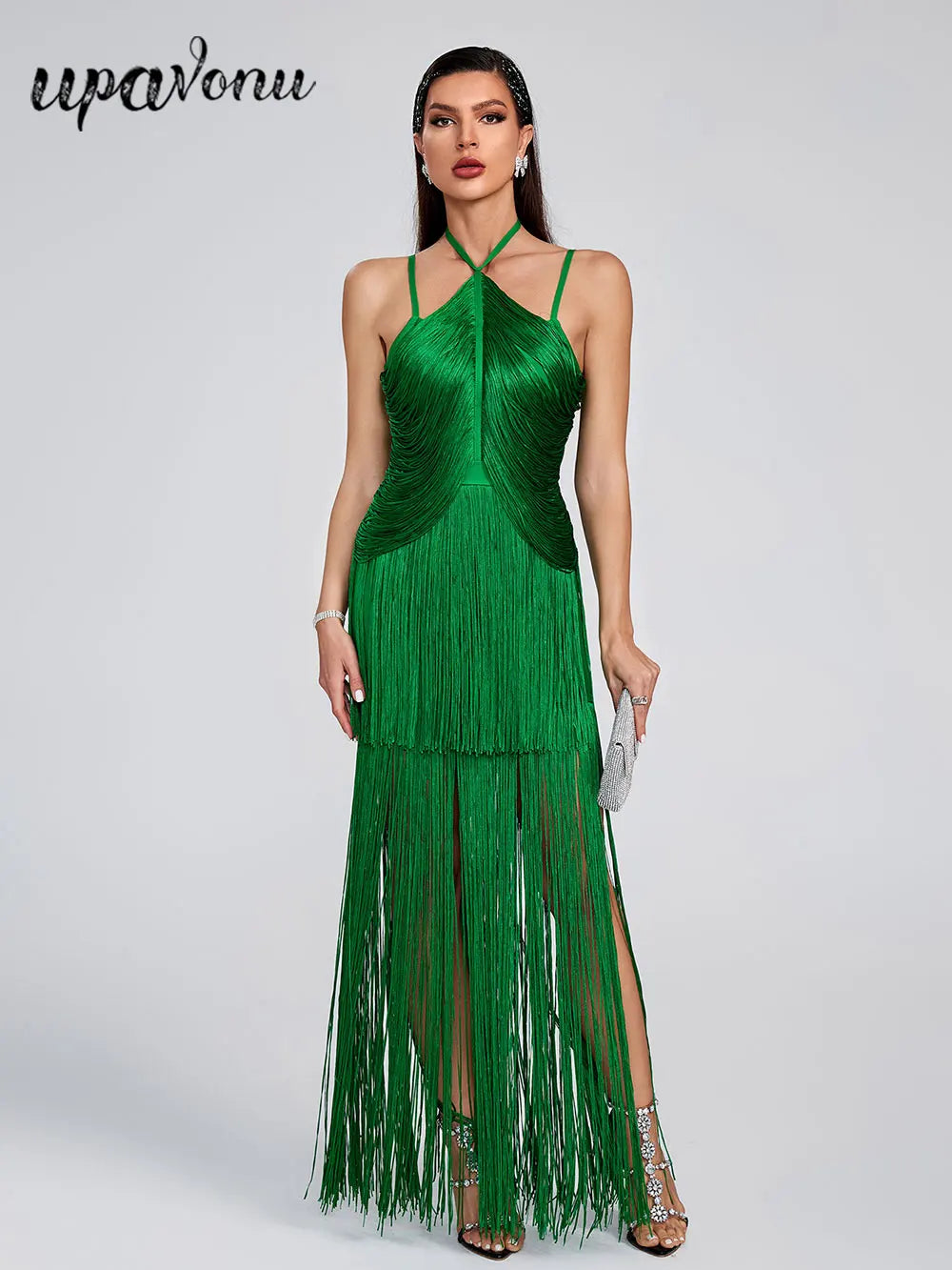 Women Tassel Design Bandage Long Dress Hanging Neck Sleeveless Bodycon Backless Dress Celebrity Evening Club Party Vestidos