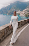 Women Celebrity Sexy O Neck Long Sleeve Gray White Maxi Long Gowns Dress 2024 Elegant Evening Party Club Vestido WHITE