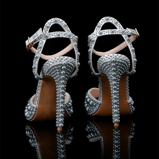 Luxury Handmade Pearl Peep Toe Women Sandals Fashion Summer Wedding Princess Thin High heels Elegant Party Prom Bridal Shoes