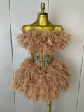 Women Sexy Backless Strap Mesh Fluffy Skirt 2 Pieces Diamond Sequins Stage Performance Costume Birthday Party Shooting Dress Champagne