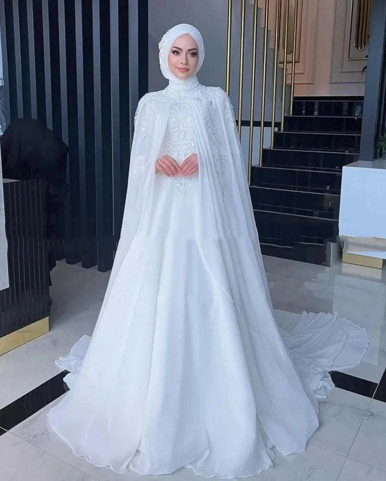 Customized Elegant Muslim Wedding Dresses with Cape High Neck Long Sleeves Sweep Train Chiffon Appliques Beading Ivory