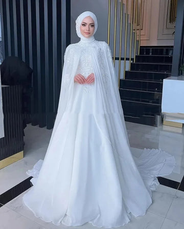 Customized Elegant Muslim Wedding Dresses with Cape High Neck Long Sleeves Sweep Train Chiffon Appliques Beading Ivory