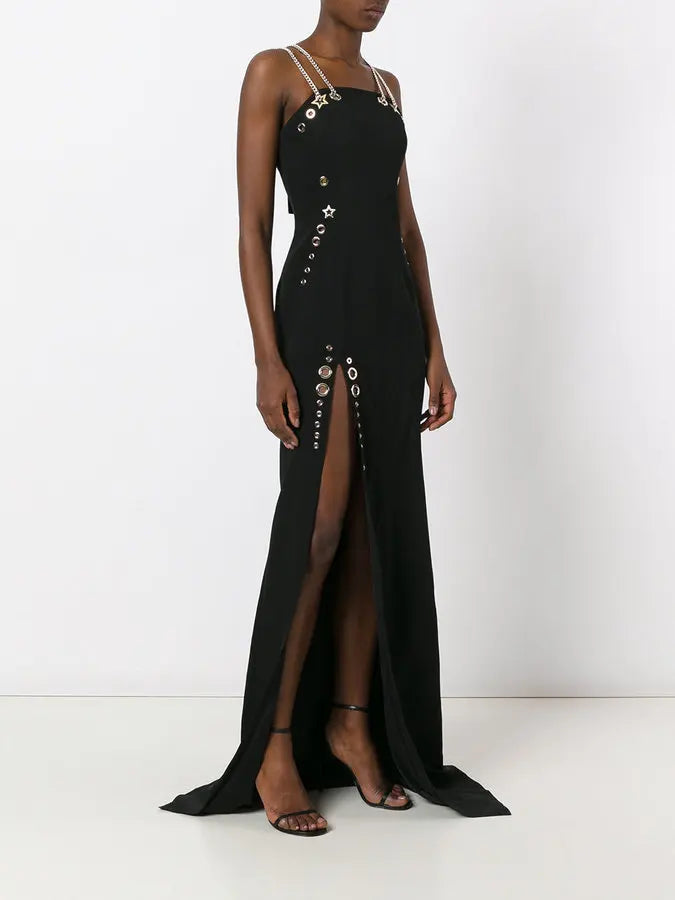 Women Sleeveless Sexy Square Colalr Chain Bodycon Long Dress Elegant Evening Party Fashion Celebrate Dress black