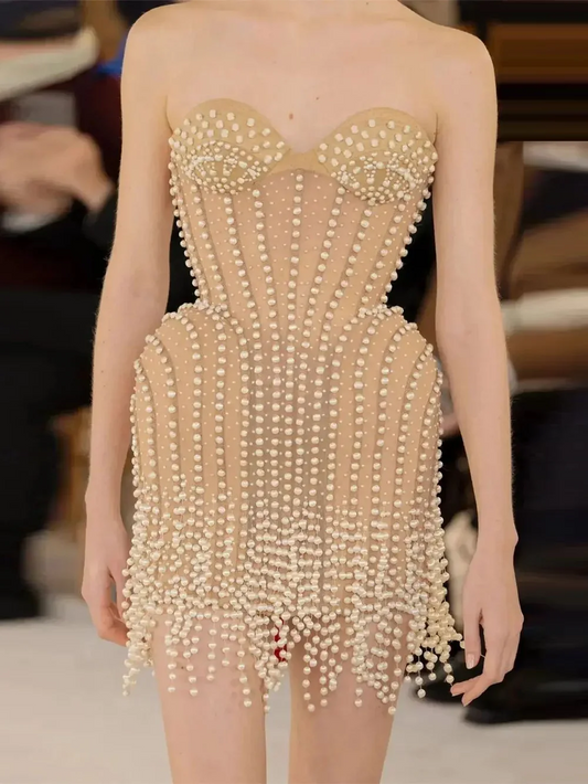 Ladies Luxury Bead Tassels Strapless Backless Design Celebrity Party Club Khaki Sleeveless Sexy Mini Bandage Dress New