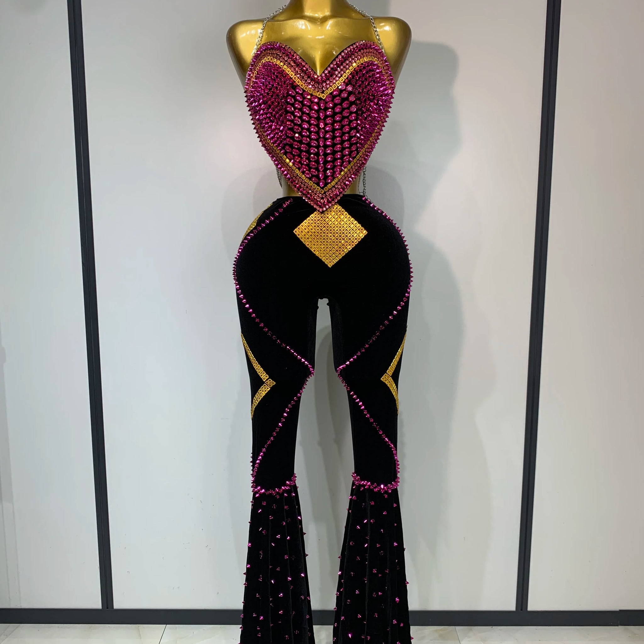 Women Sexy Backless Diamond Rivets Top Two Pieces Set Birthday Celebrate Evening Party Nightclub DJ Stage Performance Costume black