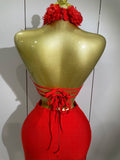 Women Celebrity Sexy Halter Backless Flower Long Bandage Bodycon Dress Luxury Birthday Dress Elegant Evening Party Outfit