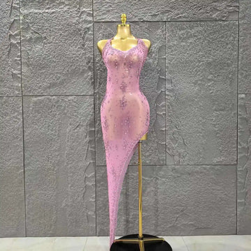 Pink Rhinestones Women Sleeveless Sexy Off the Shoulder Mesh See Through Bodycon Long Dress Celebrate Nightclub Party Outfit Pink