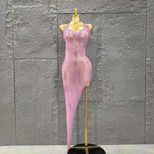 Pink Rhinestones Women Sleeveless Sexy Off the Shoulder Mesh See Through Bodycon Long Dress Celebrate Nightclub Party Outfit Pink