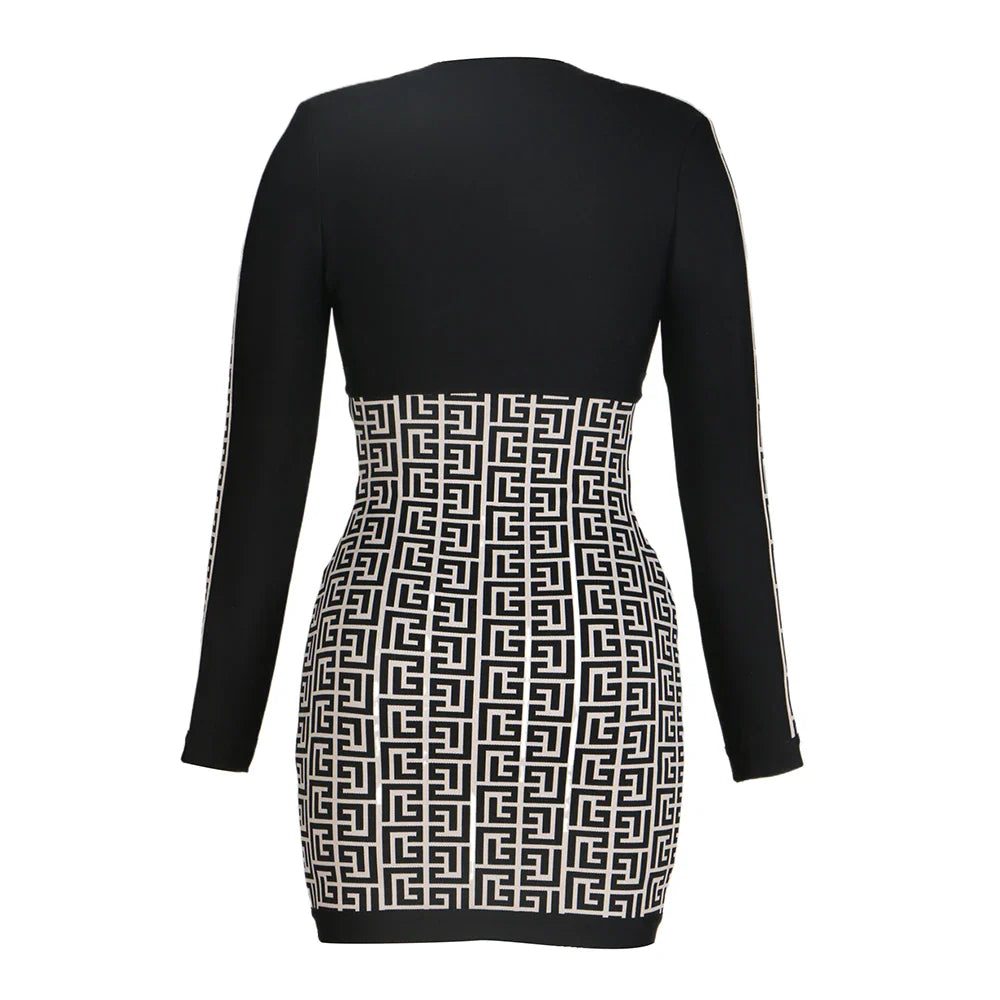 Black Color Women Long Sleeve Sexy Front Zipper Bodycon Mini Dress Rayon Bandage Fashion Runway Show Evening Dress
