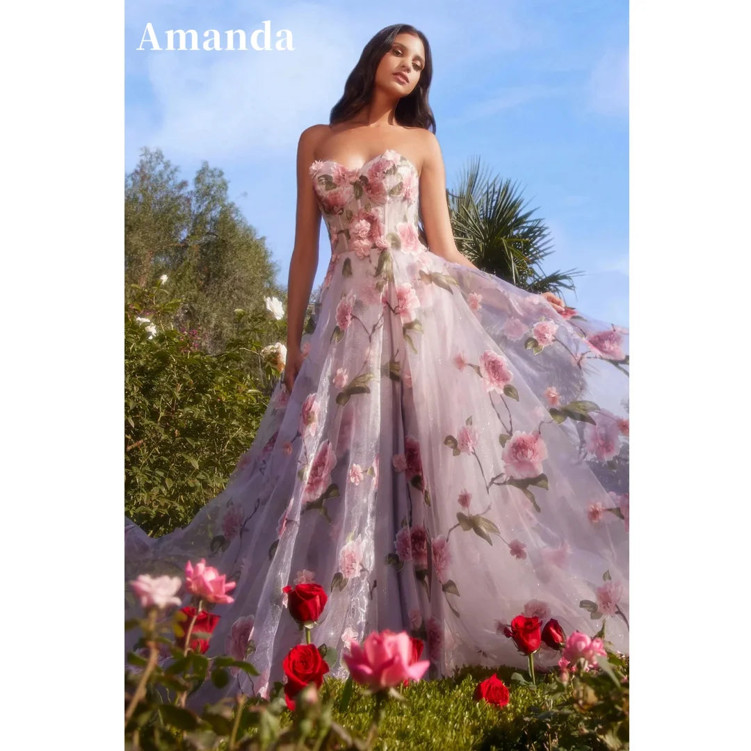 Amanda Pink Floral Print vestidos de noche Side High Split Tulle Prom Dresses Elegant Sleeveless Floor-Length Formal Evening
